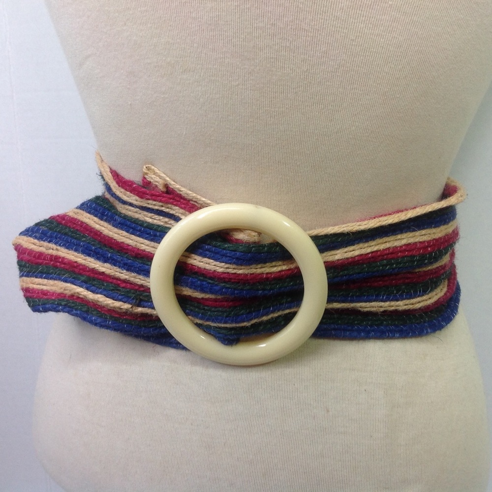 Vintage Stripe Belt Blue Red Green  Straw Rattan
